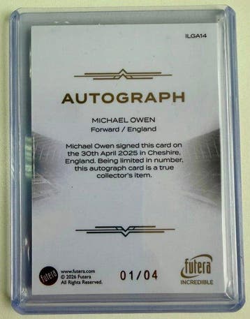 Futera Michael Owen 1/4 Gesigneerde kaart, Serialized card,, Verzamelen, Nieuw