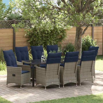 vidaXL Tafel en stoelen set 9 st Grijs PE Riet, Verzenden, Nieuw