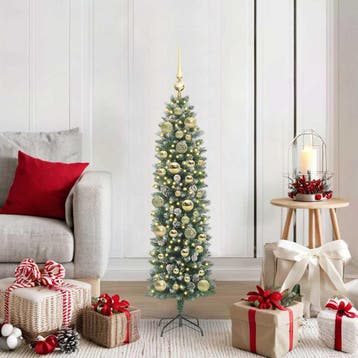 vidaXL Kunstmatige slanke kerstboom Groen en Wit 120 cm, Verzenden