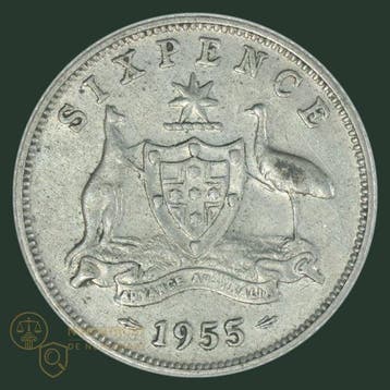 Australië. Sixpence en 5, 10 & 20 Cents en 1 & 2 Dollar 1955, Postzegels en Munten