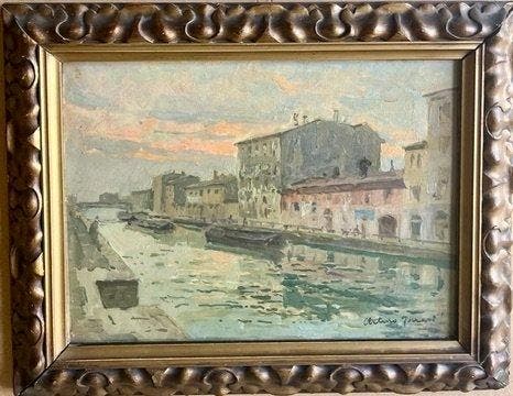 Arturo Ferrari (1861-1932) - Naviglio Grande, Vecchia Milano, Antiek en Kunst, Kunst | Schilderijen | Klassiek