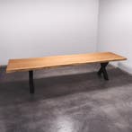 Boomstamtafel, Eettafel 370x108 massief hardhout, metaalpoot, Huis en Inrichting, Overige houtsoorten, Robuust Modern, 100 tot 150 cm