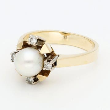 Ring - 14 karaat Geel goud Parel - Diamant, Handtassen en Accessoires, Nieuw