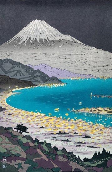 Woodblock Print Night View of Mt Fuji from Nihondaira