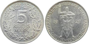 Duitsland 5 Reichsmark Rheinlande 1925 A J 322 praegefris..., Verzenden
