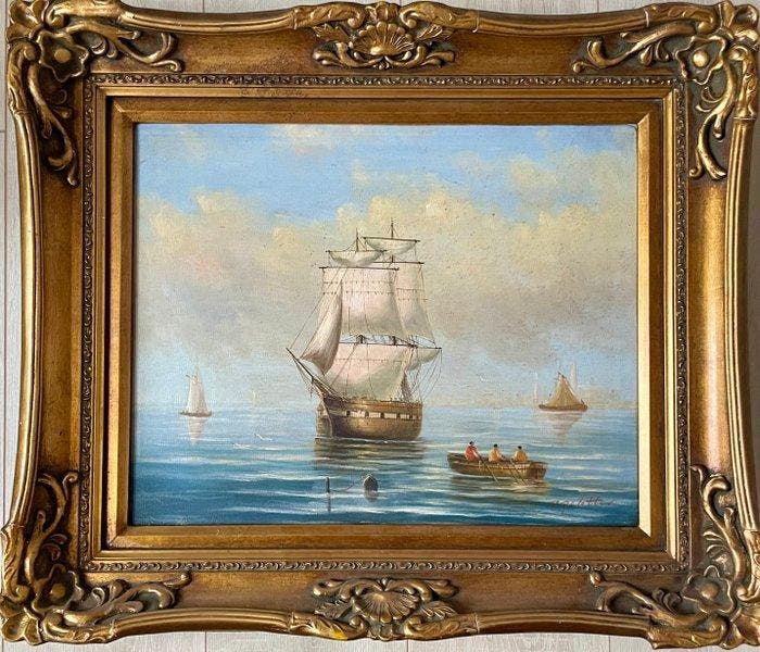 Europese school (XX) - Marine au trois-mâts, Antiquités & Art, Art | Peinture | Classique