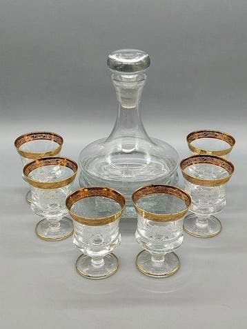 Edles Likörset mit Karaffe & 6 Gläsern – Golddekor Etchings