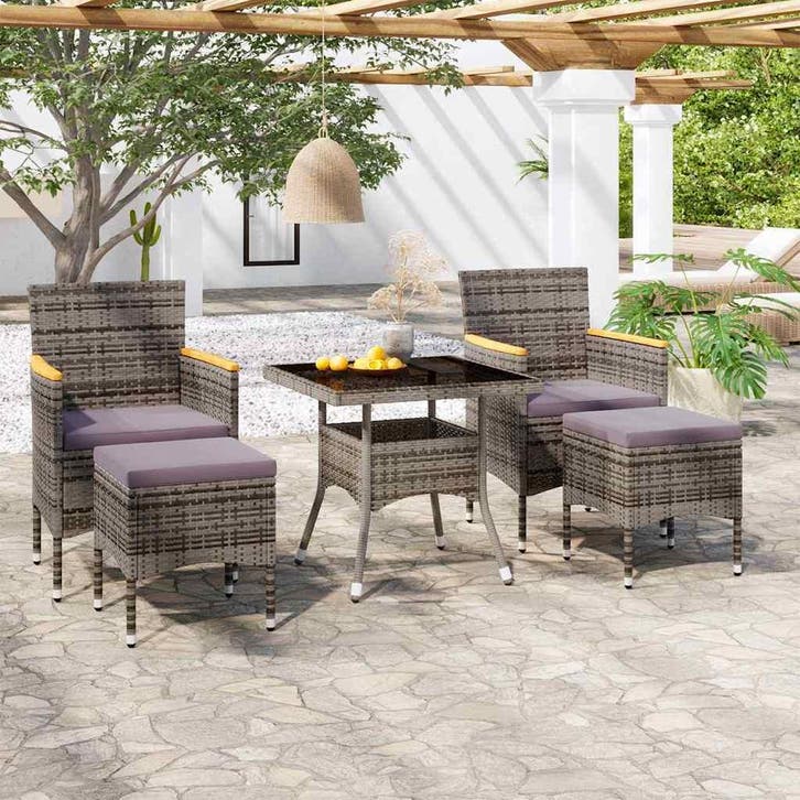 vidaXL 5-delige Tuinset poly rattan en gehard glas grijs, Tuin en Terras, Tuinsets en Loungesets, Tuinset, Nieuw, Verzenden