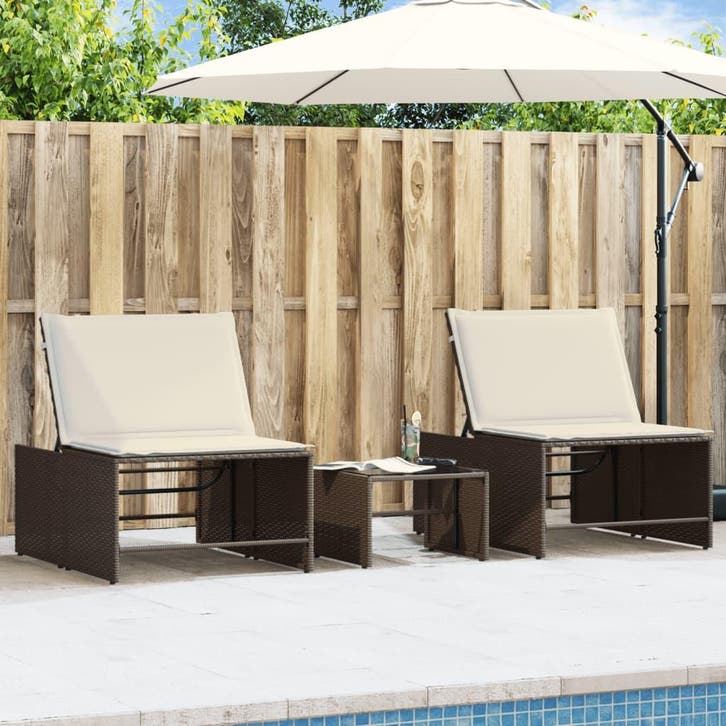 vidaXL Ligstoelen 2 st met tafel bruin poly rattan, Tuin en Terras, Ligbedden, Nieuw, Verzenden