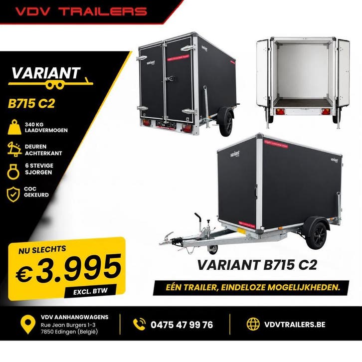Gesloten Aanhangwagen | Geremd | 750 kg | Dubbele Achterdeur, Auto diversen, Aanhangers en Bagagewagens, Nieuw, Ophalen