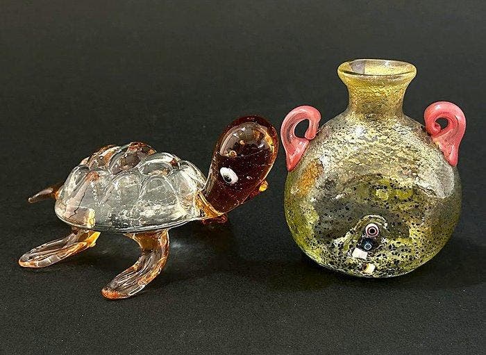 Vasetto Biansato Vintage di Murano e Tartaruga - Vaas (2) -, Antiquités & Art, Antiquités | Verre & Cristal