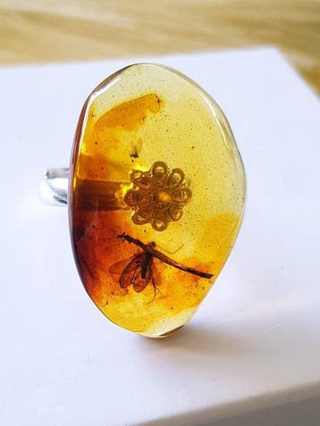 Zeldzame zilveren ring van natuurlijk Baltisch amber met