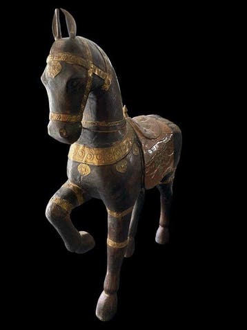 Beeld, XL Paard - massief hout met koper beslag - 64 cm -
