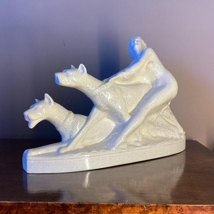 Fontinelle - Sculpture, Dame met Honden Craquelé Glazuur -, Antiek en Kunst, Antiek | Glaswerk en Kristal