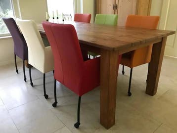 Set van 6 leren eetkamerstoelen met wieltjes en armleuning, Ophalen of Verzenden
