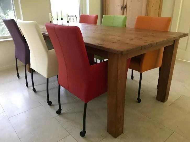Set van 6 leren eetkamerstoelen met wieltjes en armleuning, Huis en Inrichting, Stoelen, Nieuw, Eén, Ophalen of Verzenden