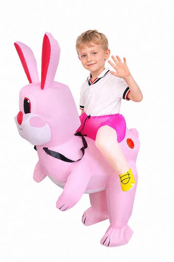 KIMU® Opblaas Kostuum Kinderen Zittend Op Konijn Roze 122 12, Ophalen of Verzenden, Nieuw