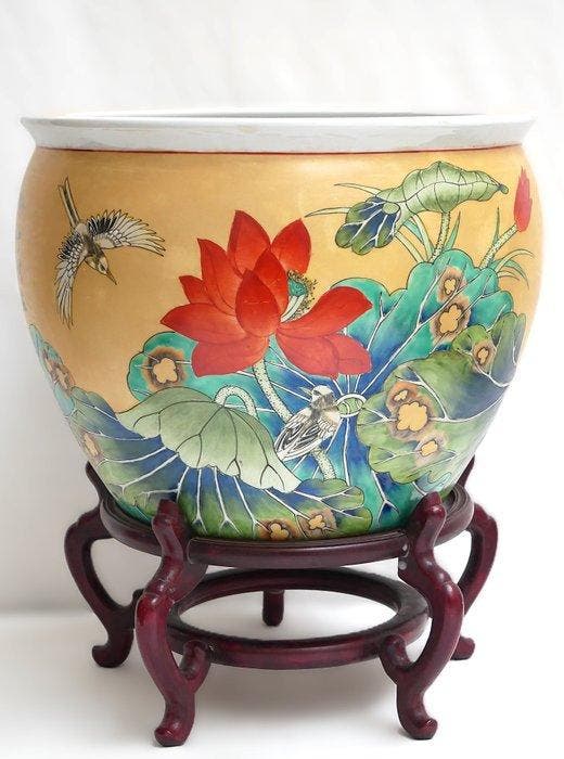 handpainted enamel - Bloempot - Porselein - grote maat, Antiek en Kunst, Kunst | Designobjecten