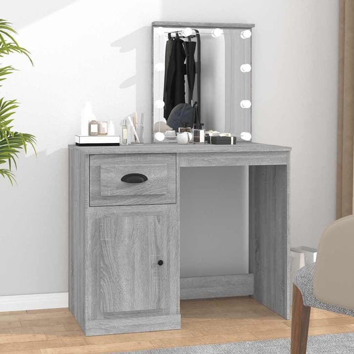vidaXL Kaptafel met LED 90x50x132,5 cm bewerkt hout grijs, Huis en Inrichting, Tafels | Kaptafels, Nieuw, Verzenden