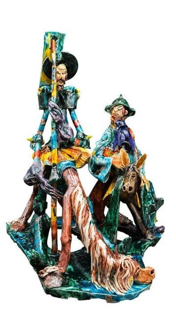 sculptuur, Don Chisciotte e Sancio Panza - 46 cm - Keramiek,, Antiek en Kunst
