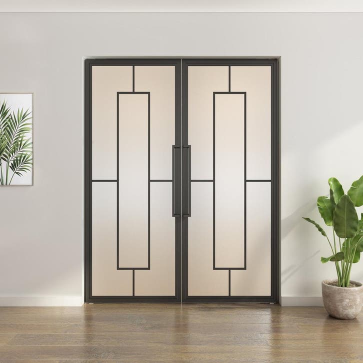 Dubbele stalen taatsdeur - Zwart - 5 Vlaks - Mat glas, Doe-het-zelf en Bouw, Deuren en Vliegenramen, Nieuw, Metaal, Overige typen
