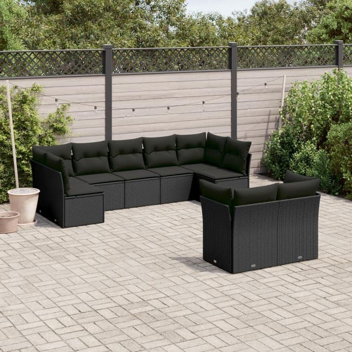 vidaXL 9-delige Loungeset met kussens poly rattan zwart, Jardin & Terrasse, Ensembles de jardin, Envoi