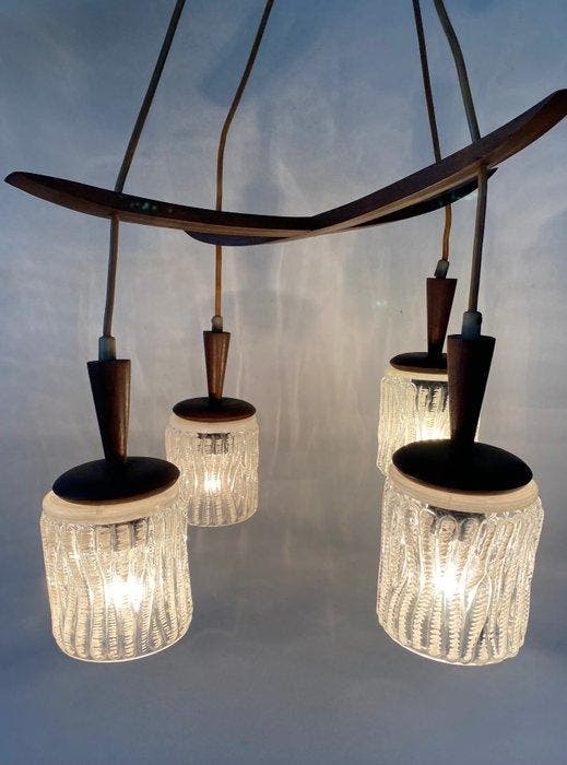 Massive - Plafondlamp - Opaline glas, Messing, Teak, Antiquités & Art, Antiquités | Éclairage