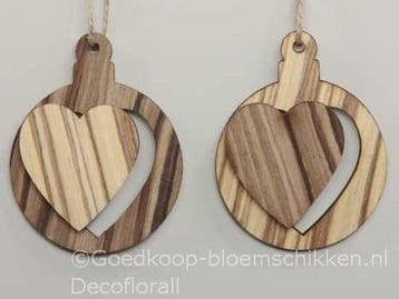 Hangers houten ballen Harten 2D Naturel 8 cm set van 2 stuks