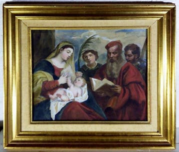 Scuola francese (XX), Da Tiziano - Madonna col Bambino tra i, Antiek en Kunst