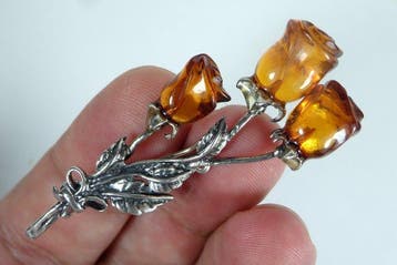 Amber broche/pendel in zilver - Rozen, bloemboeket-vorm -, Antiek en Kunst
