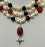 Parel - Natuurlijke parels, zwarte onyx, carneool met