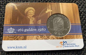 Nederland. 2½ Gulden 1980 Dubbelkop in coincard (Zonder, Postzegels en Munten, Munten | Nederland