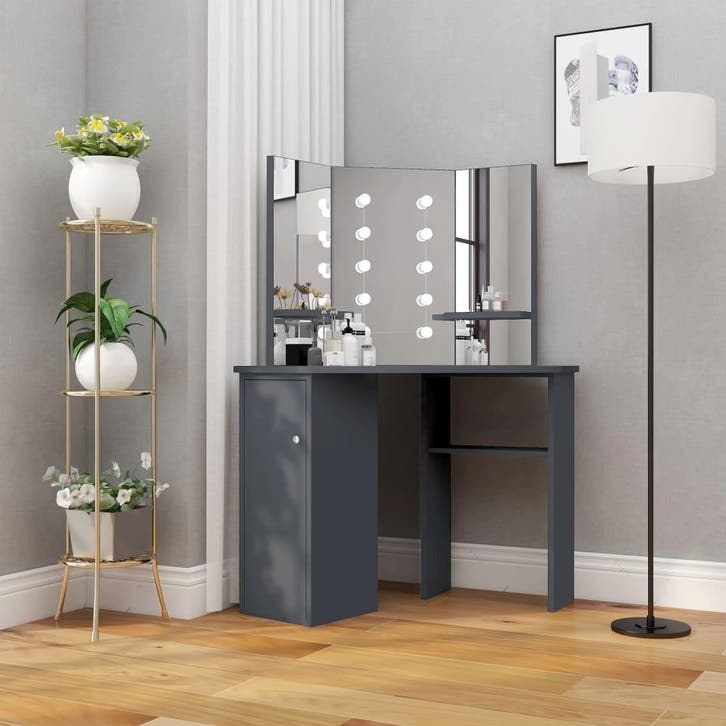 vidaXL Hoekkaptafel met LED 111x54x141,5 cm grijs, Maison & Meubles, Tables | Coiffeuses, Envoi