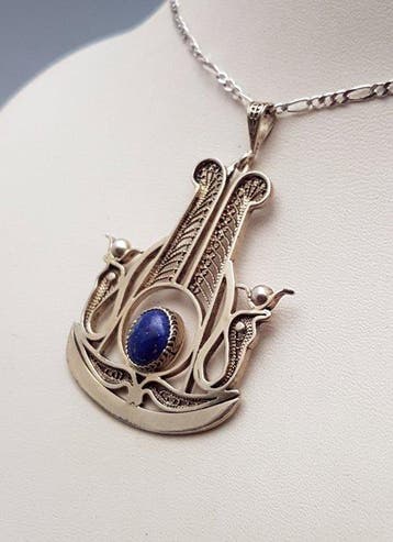 Zilver, Art Deco, Lapis Lazuli - Ketting met hanger -