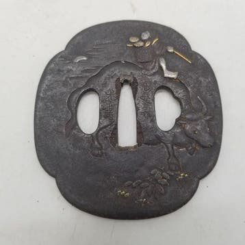 Ijzeren tsuba met inleg - IJzer (gegoten) - Ox-Herding Boy