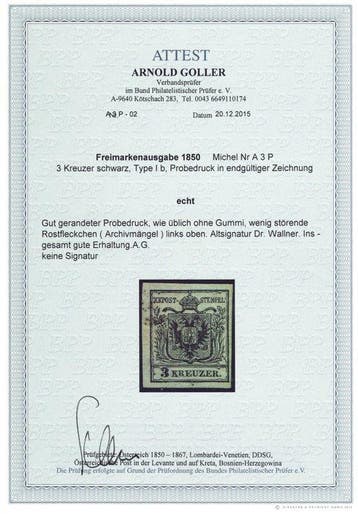 Oostenrijk - Oostenrijk 1850 Proefdruk 3 Kreuzer zwart Type, Gestempeld