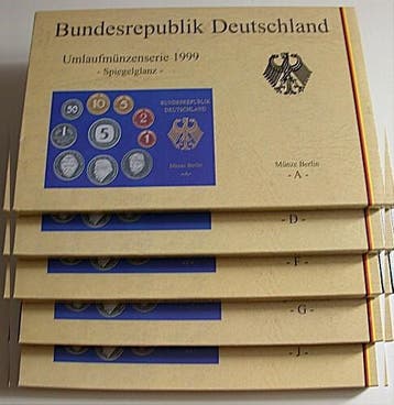 5 x 1 Pfennig 5 duitse Mark, 12,68 Dm 1999 A,d,f,g,j Kurs..., Verzenden