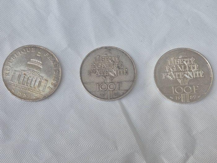 France. 100 Francs 1983, 1988 et 1989 (lot de 3 monnaies en, Postzegels en Munten, Munten | Europa | Niet-Euromunten