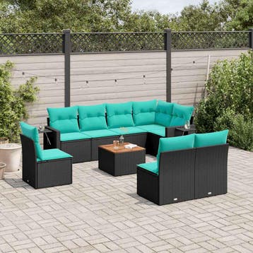 vidaXL 9-delige tuinbankset met kussens van zwart polyrotan, Verzenden, Nieuw