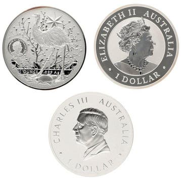 Australië. 1 Dollar 2021/2025 - Emu & Coat of Arms 1 Oz (3, Postzegels en Munten