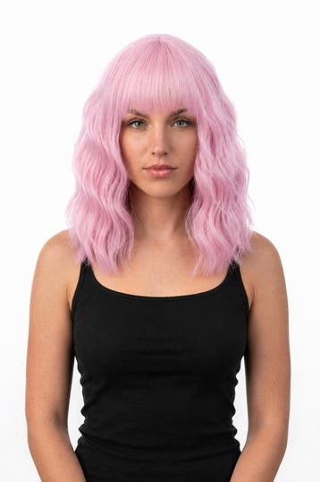 KIMU® Luxe Lichtroze Pruik Schouderlengte Rechte Pony Krulle, Ophalen of Verzenden