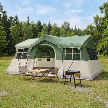 vidaXL Familietent met dak Groen 487 x 340 x 216 cm, Caravans en Kamperen, Tenten, Verzenden, Nieuw
