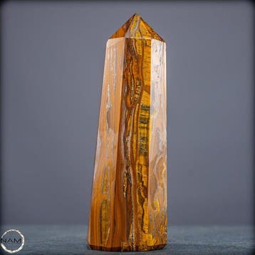 Natuurlijke tijgeroog-obelisk met goudbruin zijde-structuur-, Antiek en Kunst