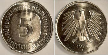 5 Mark Duitsland Fehlpraegung 5 Dm 1975 J zweimal nachein..., Verzenden, België