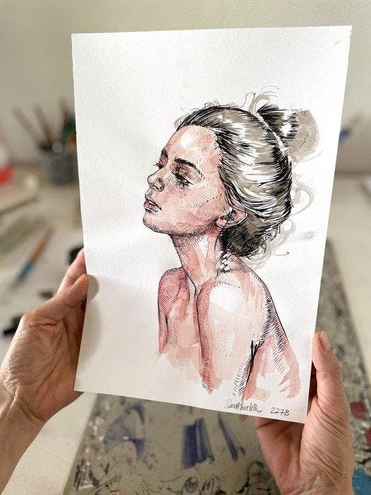 Dario Moschetta - Female Figure Ink and watercolor Drawing, Antiquités & Art, Art | Objets design