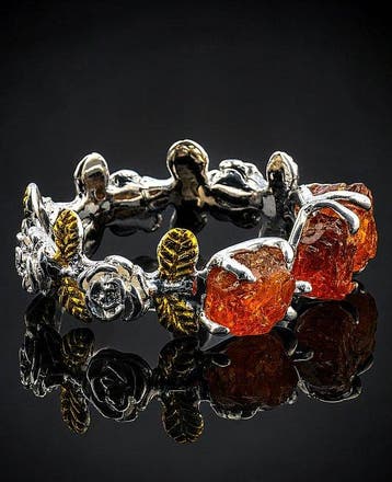 Ruwe Spessartietring - 925 Sterling Zilver - Bloem Roos