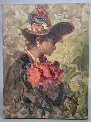 École française (XX) - – Damenportrait im Hut – Ölgemälde