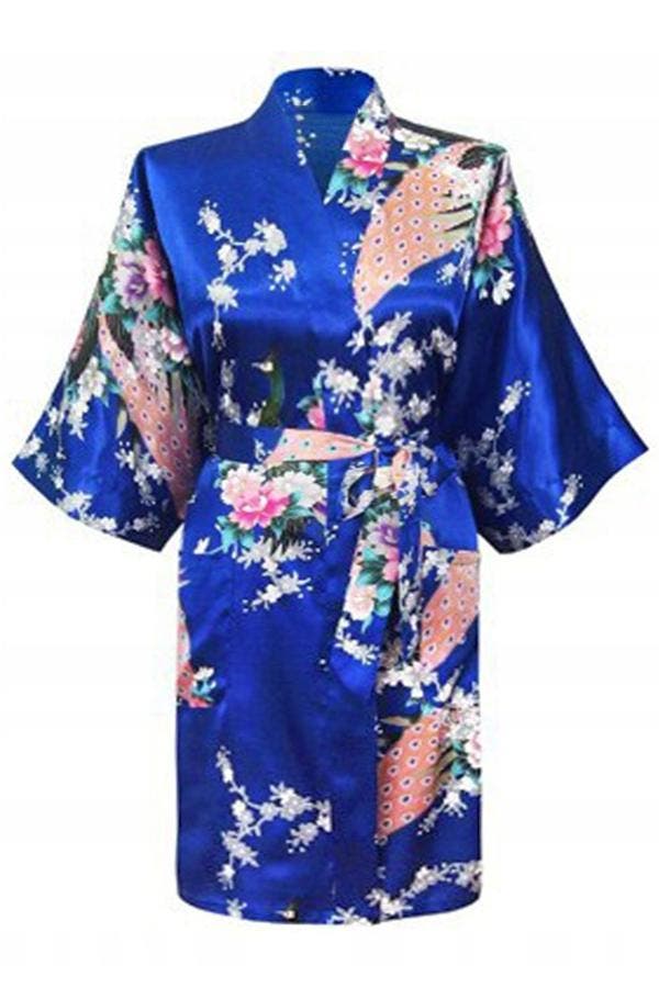 KIMU® Kimono Konings Blauw Kort L-XL Yukata Satijn Boven de, Kleding | Dames, Carnavalskleding en Feestkleding, Nieuw, Ophalen of Verzenden