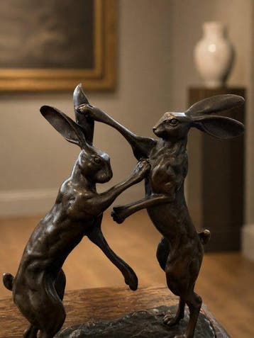 Nick - sculptuur, Bronzen sculptuur – Twee boksende hazen –, Antiek en Kunst
