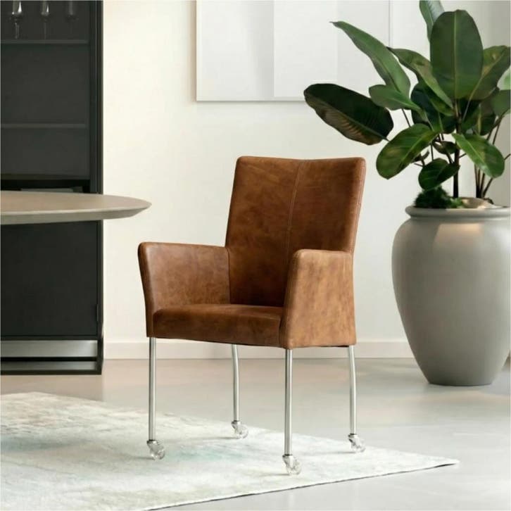 Leren eetkamerstoel Comfort met wieltjes en armleuning -, Huis en Inrichting, Stoelen, Bruin, Nieuw, Leer, Ophalen of Verzenden